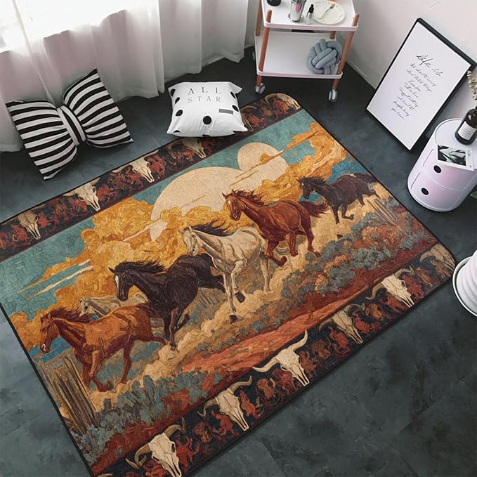 Horse Western Boho Ethnic Style Area Rug Washable Outdoor Rugs Anti-Slip Soft Carpet Entryway Indoor Door Mat for Bedroom,Living Room,Porch,Terrace and Entrance Decor 5'x 4'