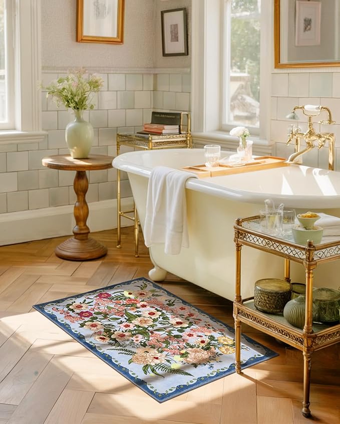Door Mat Entrance 2x3 Rug - Floral Rugs Washable Small Area Rug Non-Slip Stain Resistant Low Pile Flower Print Throw Rugs for Indoor Entryway, Bedroom, Kitchen, Front Door, Entry - Blue