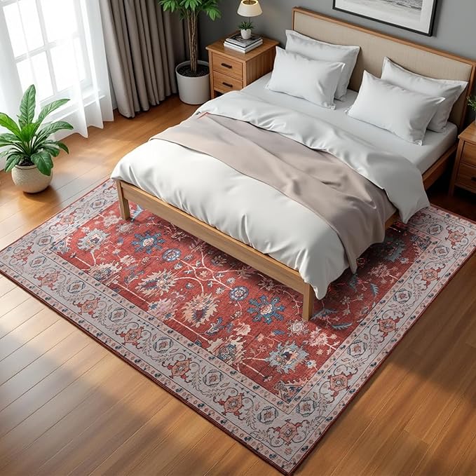 Area Rug 4x6, Washable Faux Wool Throw Rugs for Living Room, 0.3″ Non Slip Low Pile Vintage Boho Carpet for Ding Room, Home Office, Bedroom, Kids Room, Bedside (Red)