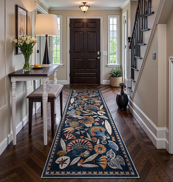 Egypt Floral Kitchen Runner Rugs Non Skid Washable,2x8 Boho Vintage Hallway Bathroom Runner Rug Non Slip,Soft Long Carpet for Laundry Room Entryway Bedroom (Dark Blue,2 x 8)