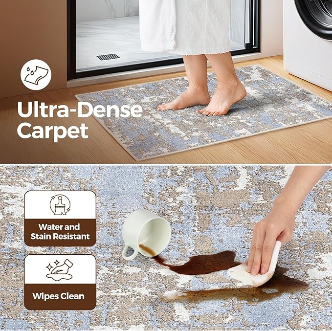 WITSHOCK 2x3 Washable Entry Rug: Blue Small Rugs for Entryway Kitchen Bathroom Door Mat Indoor Entrance, Non Slip Rubber Backing, Stain & Fade Resistant, Neutral Modern Abstract Decor
