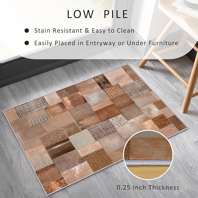 Patchwork Rug, Washable 5x7 Rug for Living Room, Geometric Brown Patterned Indoor Carpet, Patchwork Decor for Home, Bedroom, Soft Non Slip Thin Design FER8