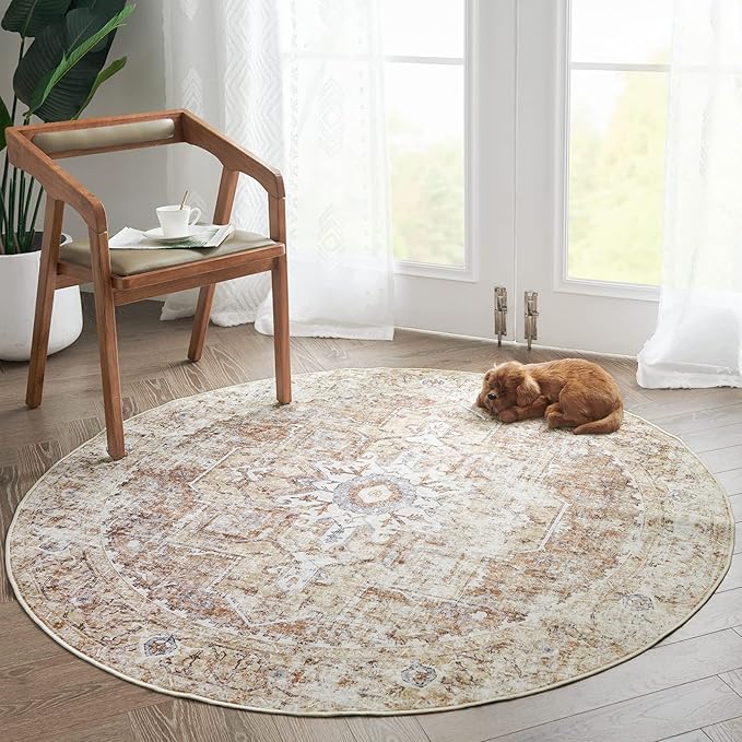 jinchan Kelda Round Rug 4ft Washable Area Rug Indoor Vintage Floor Cover Distressed Circle Mat 4' Round Lightweight Non Slip Low Pile Thin Carpet for Entryway Kitchen Living Room Bedroom Brick Red