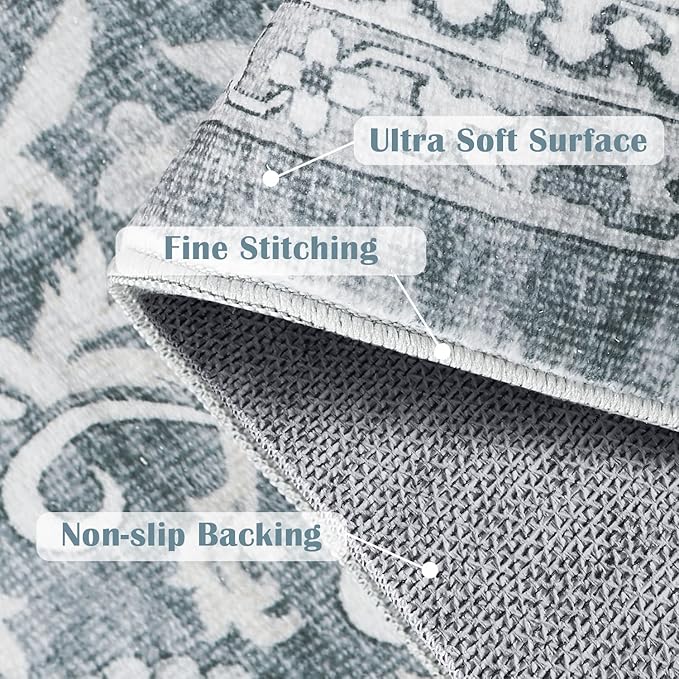 jinchan Floral Runner Rug 2x5 - Machine Washable Grey Vintage Distressed Design Soft Non-Slip Low-Pile Ultra-Thin Runner Rug for Kitchen Hallway Laundry Room Entryway Farmhouse (2‘x5', Grey)