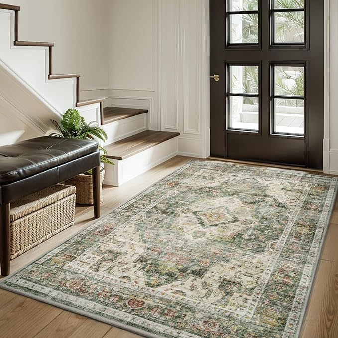 AMOAMI-3X5 Area Rug-Soft Washable Vintage Throw Accent Rugs for Living Room, Entryway, Bedroom, Kitchen, Bathroom, Laundry Room, Kitchen, Bathroom, Bedside, No Slip Green