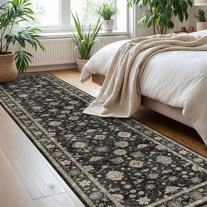 Runner Rugs for Hallway 2.5x10ft - Long Non-Slip Charcoal Black Washable Boho Runner Rug Low Pile Soft Vintage Farmhouse Traditional Moody Carpet for Kitchen Living room Indoor Entryway Bedroom