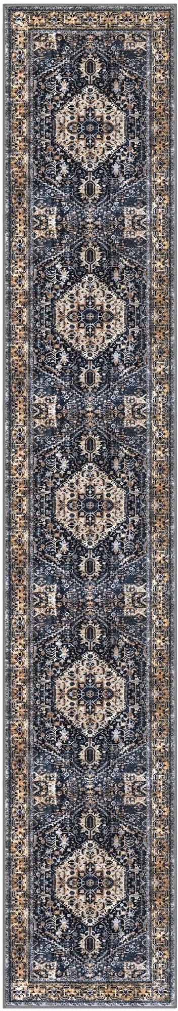 KOZYFLY Runners for Hallways 3x14 Ft Extra Long Washable Kitchen Thin Runner Rug Boho Runner Rug for Entryway Indoor Printed Faux Wool Stair Floor Carpet for Stair Kitchen Hall, Gold/Navy
