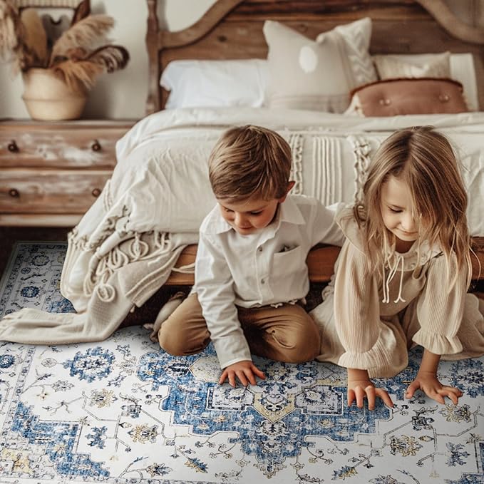 jinchan Area Rug 5x7 Vintage Washable Bedroom Rug Floral Medallion Lightweight Non Slip Thin Retro Classic Soft Boho Floor Cover Farmhouse Carpet for Living Room Dining Room Kitchen Blue