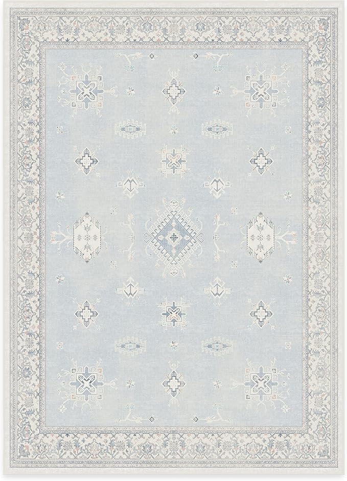 RUGGABLE Washable Vintage Area Rug – Verena Soft Blue 5x7, Stain-Resistant, Non-Slip – Medium Machine Washable Rugs for Living Room, Bedroom, Hallway, Entryway & Office–with Cushioned Pad