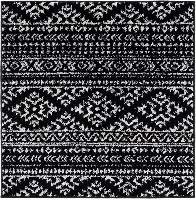 SAFAVIEH Tulum Collection Area Rug - 10' Square, Black & Ivory, Moroccan Boho Tribal Design, Non-Shedding & Easy to Clean, Ideal for Living Room, Bedroom, Dining Space (TUL272Z)