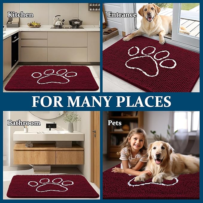 OLANLY Dog Door Mat for Muddy Paws 47x24, Paw Print Design, Absorbs Moisture and Dirt, Absorbent Non-Slip Washable Doormat, Quick Dry Chenille Mud Mat for Dogs, Entry Indoor Entryway Carpet, Burgundy