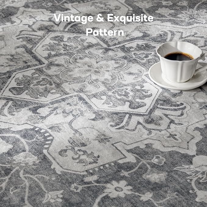 Marsail 5x7 Machine Washable Area Rug, Soft & Slip-Resistant Large Area Rug with Reinforced Bound Edges, Vintage Short-Pile Washable Rug with Floral Pattern for Living Room, Dinning Room and Bedroom