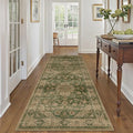 HUGEAR 3x10 Runner Rug Hallway Machine Washable Retro Green Vintage Floral Low Pile Carpet Distressed Long Throw Rug Bedroom Office Bathroom Kitchen Laundry Non Slip Soft Lightweight
