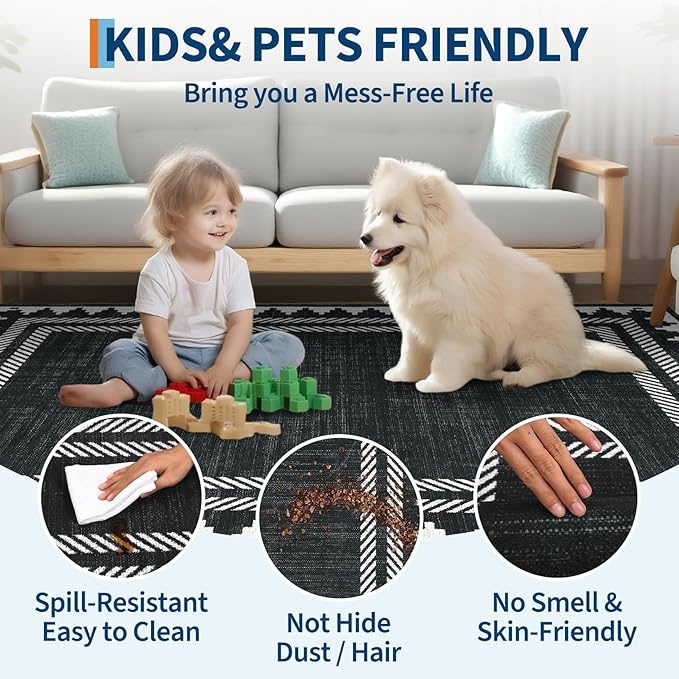 Modern Geometric Bordered 2×6 Non Slip Low Pile Runner Rugs for Kitchen Hallway Modern Stain Resistant Soft Indoor Carpet Foldable Machine Washable Non Shedding Bedroom Dining Room Rug, Black