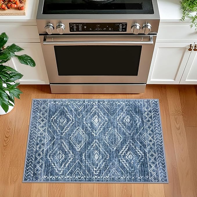 KILOCOCO Small Rug 2'x3' Entryway Rug Door Mat Indoor Soft Non Slip Printed Machine Washable Rugs for Bedroom Kitchen Entrance Front Door Geometric Boho Throw Rugs, Blue