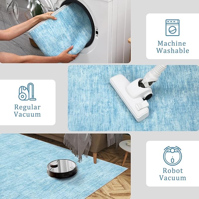RUGSREAL 8x10 Washable Rug for Living Room Non-Slip Modern Abstract Area Rug Stain Resistant Large Bedroom Rug Contemporary Accent Throw Floor Carpet Solid Rug for Dining Room Home Decor, Blue