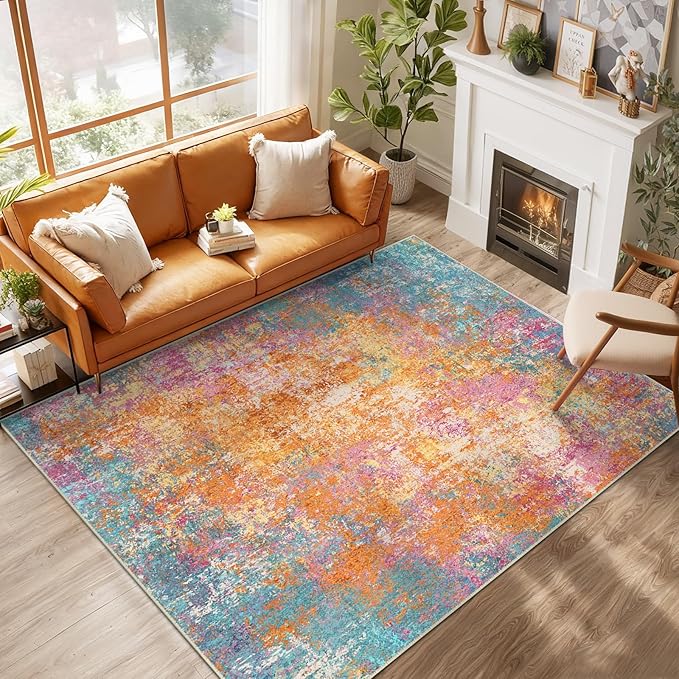 Washable Area Rugs 9'x12' Non-Slip Modern Abstract Soft for Living Room Entryway Bedroom Nursery, Print Pattern, Orange Blue Pink Yellow Colorful