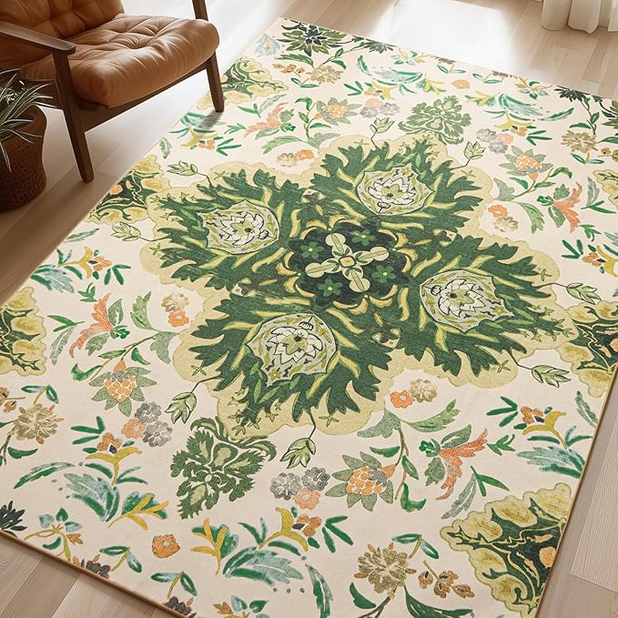 Phantoscope Washable Area Rug 6'x9' Non-Slip, Vintage Boho Rugs for Living Room, Bedroom, Dining Room, Neutral Green Floral Medallion Pattern, Low-Pile Foldable Floor Carpet, Forest Green/Cream