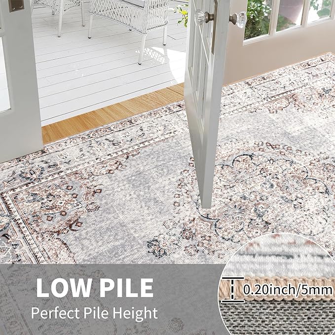 Easy-Going Area Rug 4x6 Washable Boho Rugs for Living Room Non-Slip Bedroom Rug Low Pile Lightweight Vintage Distressed Throw Rug for Dining Room Kitchen Home Office Carpet, Grey Brick
