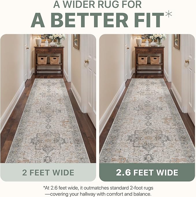 Runner Rug 2'6''x8, Non Slip Vintage Hallway Runner Rugs, Low Pile Lightweight Machine Washable Mat for Hallway, Entryway, Bedroom, Kitchen and Corridor, Light Taupe Brown