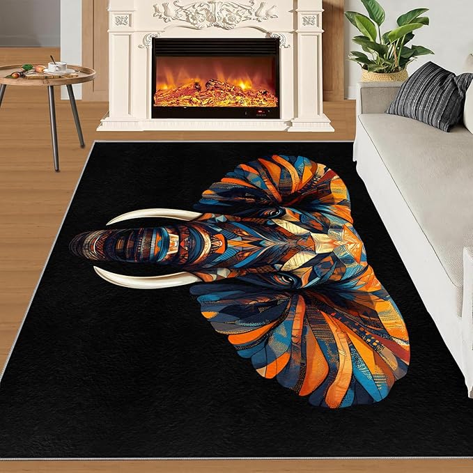 Indian Gods Rugs for Bedroom - 5x6 Area Rug - Ganesha Rugs for Living Room, Abstract 3D Ganesha Rug, Non-Slip Washable Home Decor Carpet
