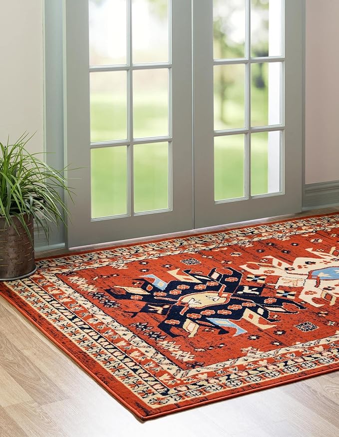 Unique Loom Taftan Collection Border Geometric Tribal Inspired Design Area Rug (9' 0 x 12' 0 Rectangular, Terracotta/ Ivory)