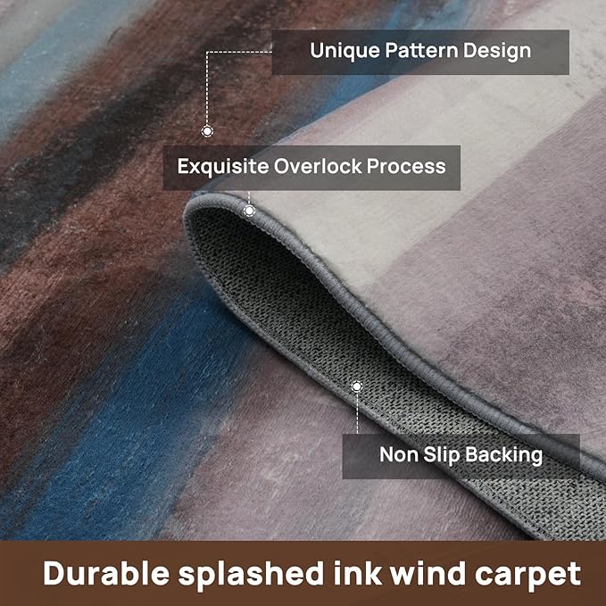 Abstract 6x9 Area Rug, Modern Stripe Pattern Teal Rugs for Living Room, Washable Soft Large Non-Slip Floor Carpet for Dining Room Office Bedroom - Blue/Brown/Multi