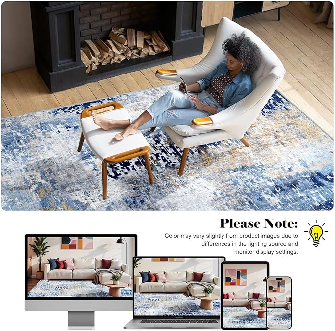 Washable Abstract Rug, 5x7 Modern Area Rugs with Non-Slip Rubber Backed for Living Room, Thin but Soft Contemporary Carpet Kitchen Bedroom Dining Room Decor, Midnight Blue