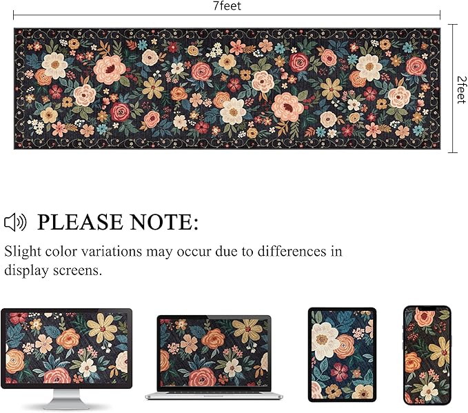 DUKINO Runner Rug, 2x7 Boho Kitchen Rug for Hallways with Low Pile Design, Washable Non Slip Backing Soft Floral Runner for Kitchen, Hallway, Entryway, Bedroom, Laundry, Black
