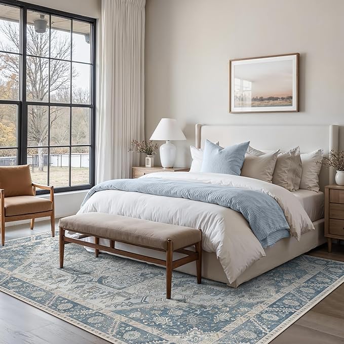 5x7 Area Rug Machine Washable Boho Rug for Living Room,Ultra-Thin Low Pile Carpet,Lightweight Indoor Printed Rug,Non Slip Floral Area Rug for Bedroom, Dining Room, Home Office,Light Blue