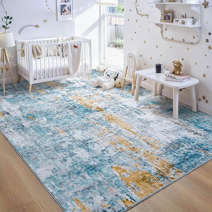 Ompaa Living Room Rug 5x7 Blue Area Rug Machine Washable Boho Rug Non Slip Abstract Vintage Indoor Large Rugs for Bedroom, Classroom, College Dorm, Farmhouse, Dining Room, Kids Playroom
