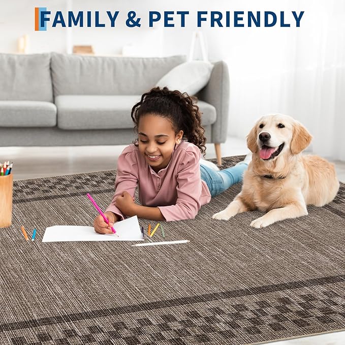 GarveeHome 4x6 Rug Small Washable Living Room Rug Modern Bordered Area Rugs with Rubber Backing Soft Non Slip Low Pile Dining Room Throw Carpet Checkered Geometric Mats for Bedroom Kitchen, Brown