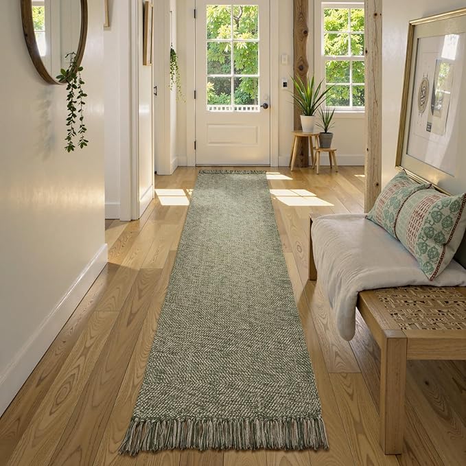 Collive Long Hallway Runner Rug 2.6' x 10', Washable Runner Indoor Entryway Runner Rug, Braided Woven Kitchen Runner Rugs Natural/Green Reversible Bedroom Carpet for Laundry Room Doorway