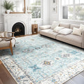 ReaLife Rugs Machine Washable Area Rug Runner - Living Room Bedroom Bathroom Kitchen Entryway Office - Padded Low Pile Stain Resistant Premium - Boho Farmhouse Vintage - BEV - Blue Ivory 3' x 5'