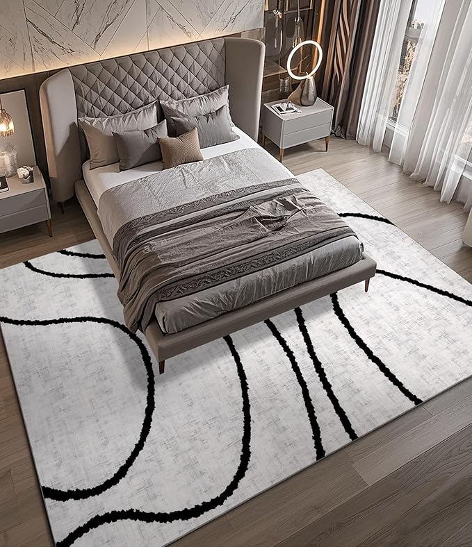 YIHOUSE Modern Area Rugs for Living Room, 8x10 Washable Black and White Rug, Thin Abstract Geometric Striped Rug, Area Rug for Bedroom,Kitchen,Dining Room,Office