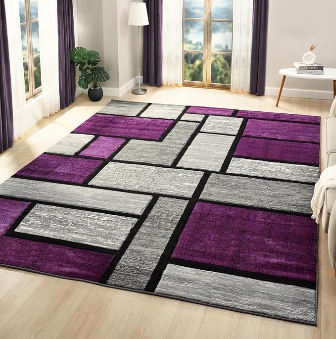 Geometric Area Rug - Decorative Home & Office Rug - Indoor Carpet for Living Room, Bedroom, Family or Dining Room - Non-Fading Polyester Material, Stain-Proof - Made in Turkey - Purple 5 x 7 ft