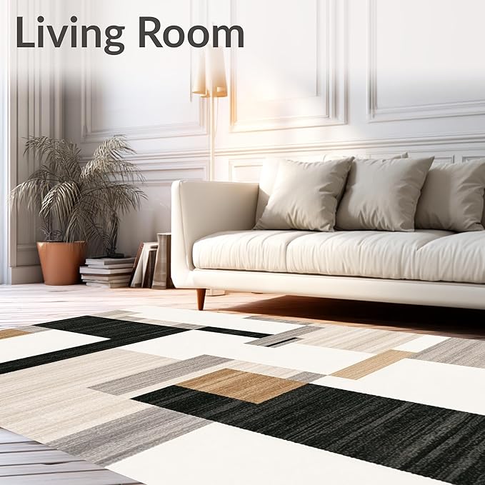 Flatwoven High Traffic Area Rug 4x6, Dark Beige Geometry and Dirt Trapper Design, Non Slip, Stain Resistant, Washable Area Rugs for Living Room, Bedroom (Beige, 4x6)