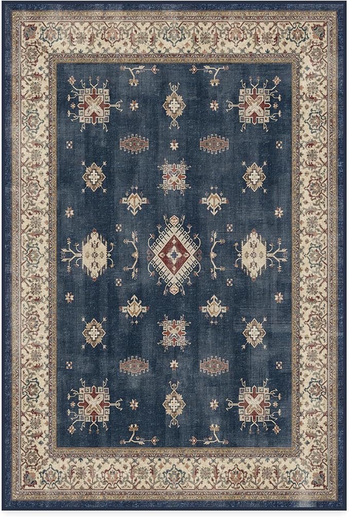 RUGGABLE Washable Vintage Area Rug – Verena Sapphire 4x6, Stain-Resistant, Non-Slip – Medium Machine Washable Rugs for Living Room, Bedroom, Hallway, Entryway & Office–with Standard Pad