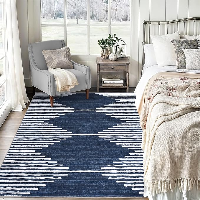 HelloTree Area Rug 3x5 Geometric Rug,Washable Modern Neutral Stain Resistant Indoor Carpet Boho Living Room Moroccan Rugs Fluffy Rug for Living Room Bedside Room Decor for Family-Blue