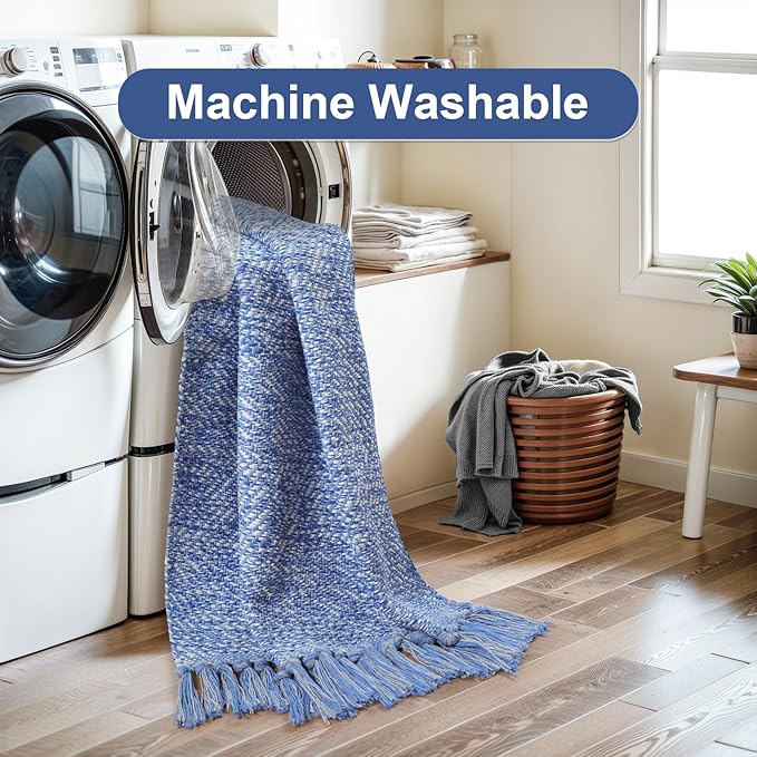 Collive Hallway Runner Rug, 2' x 6' Hand-Woven Reversible Washable Entryway Rug, Blue Cotton Modern Farmhouse Laundry Room Rug Long Carpet for Bathroom Sink Foyer Bedroom