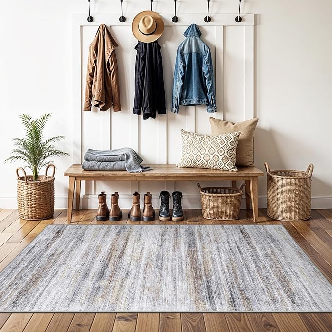 3x5 Area Rug Non-Slip: Washable Rugs for Hallway Entryway Kitchen Living Room Bedroom - Easy-to-Clean Stain and Water Resistant Carpet - Soft Low-Pile Throw Mat Beige Grey