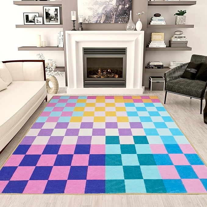 Multicolored Checkered Rug 4x6 Modern Bedroom Funky Area Rug Checkered Washable Colorful Area Rug Soft Non-Slip Low-Pile Carpet for Nursery Dorm Kitchen Living Room Deco