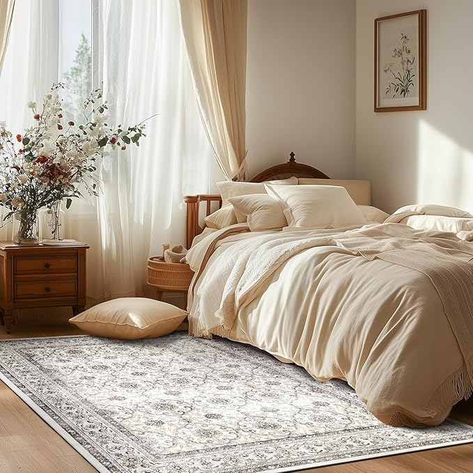 jinchan Floral Area Rugs 4x6 - Machine Washable Vintage Distressed Boho Design Throw Rug Stain Resistant Carpet Low Pile Ultra-Thin Non-Slip for Bedroom Living Room Dining Room Kitchen (4‘x6', Beige)