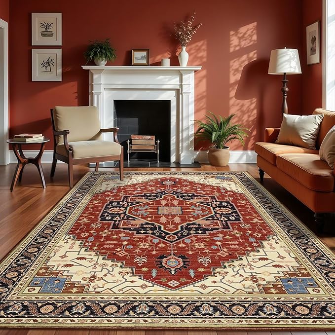 6x9 Orange Red Area Rug for Living Room, Machine Washable Rugs with Non-Slip Backing for Bedroom, Vintage Medallion Carpet Dining Room Office Kids Room Decor
