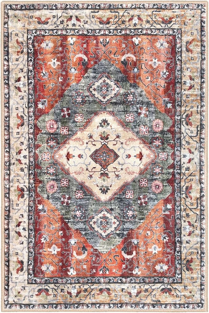 KOZYFLY Boho Area Rug 9x12 Ft Thin Rugs for Living Room Washable Bedroom Rug Non Slip Rugs for Living Room Rust/Orange/Blue Printed Faux Wool Vintage Bedroom Rug Floor Carpet for Dining Room