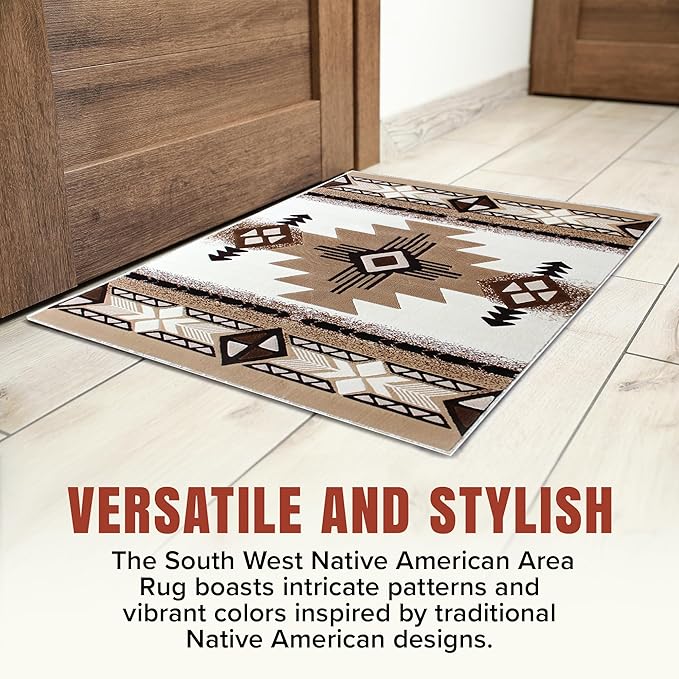 YHSF South West Native American Area Rug C318 - Easy Clean, Thick, Soft, Durable Native Tribal American Indian Inspired Rug for Bedroom/Living Room and More - Ivory, 3 Feet x 4 Feet 7 Inches