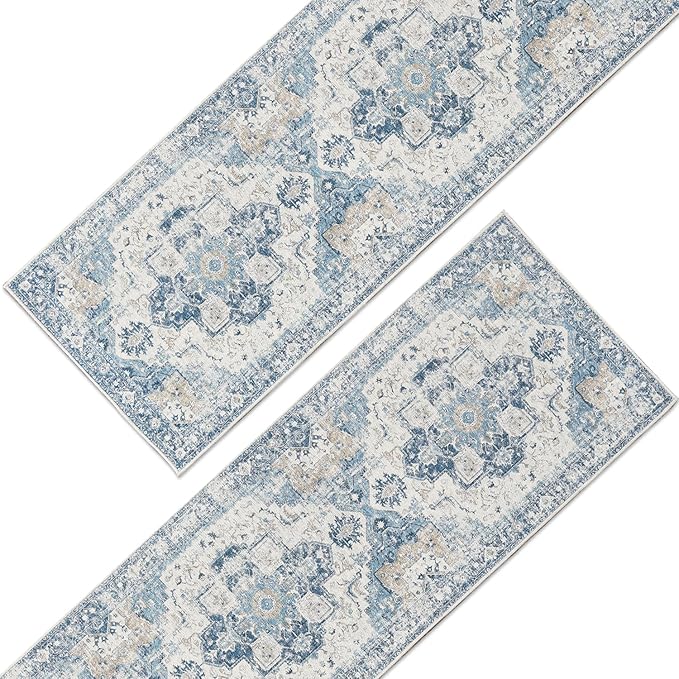 jinchan Kelda Runner Rug 2x10-2pcs Hallway Rug Washable Runner Vintage Mat Retro Lightweight Non-Slip Floor Cover Distressed Thin Carpet for Entryway Bathroom Bedroom Laundry Room Stairway Blue