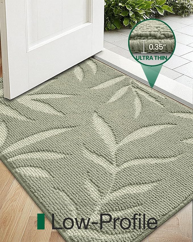 LUMI Front Door Mat Indoor Entrance 24"x36", Low Profile Welcome Mat, Non-Slip Washable Doormat with Rubber Backing for Entrance, Patio, Garage, Green