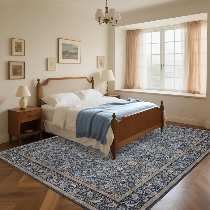 Washable Living Room Rug: 10x14 Boho Floral Soft Area Rug for Bedroom Decor - Vintage Low Pile Thin Carpet for Dining Room Non-Slip - Farmhouse Stain Resistant Rugs - Slate Blue