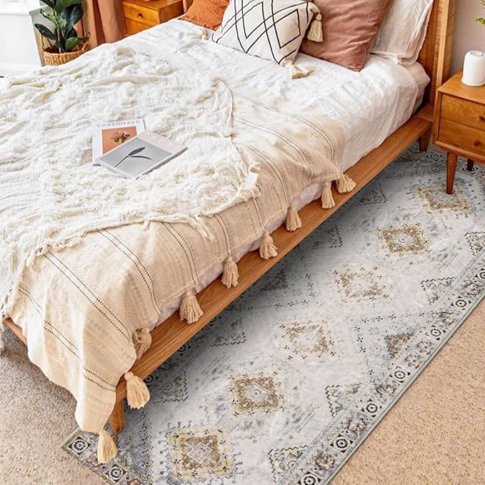 COMSLE Boho Runner Rug, 2x6 Washable Rugs for Hallway Faux Wool Small Throw Rug Distressed Kitchen Area Rug Non-Slip Laundry Room Rug Carpet Runner for Entryway Indoor Bedroom (Khaki)